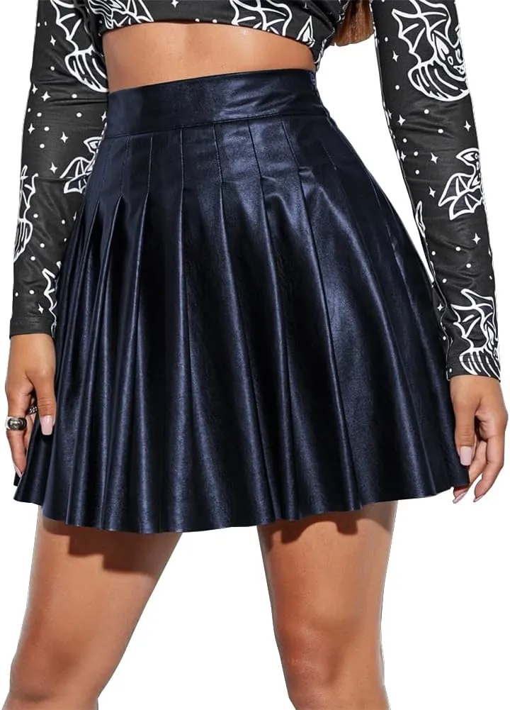 Women's Faux Leather Black Mini Skirt Classic High Waisted Skirt Pleated Skirt Pu Black Leather Skirt
