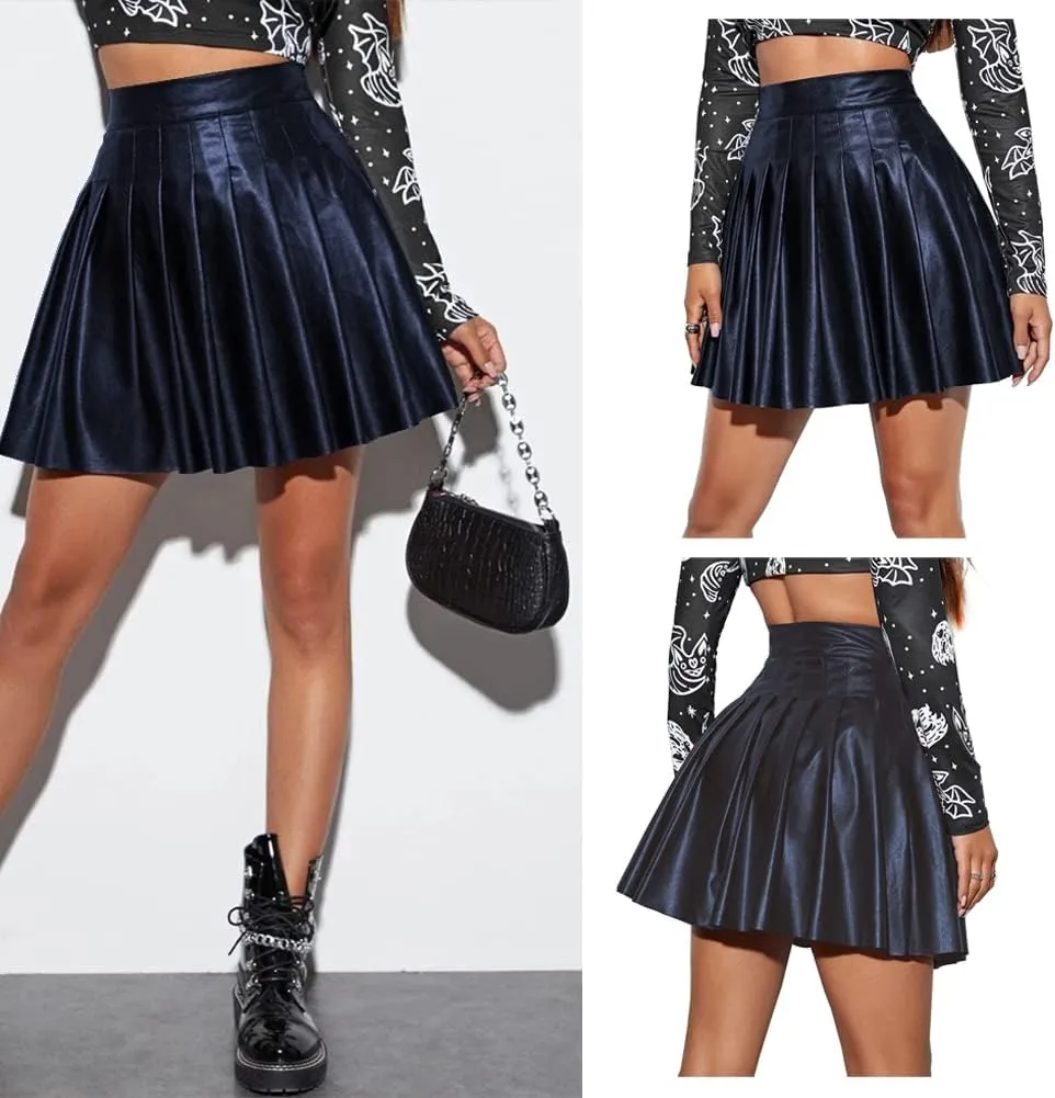 Women's Faux Leather Black Mini Skirt Classic High Waisted Skirt Pleated Skirt Pu Black Leather Skirt