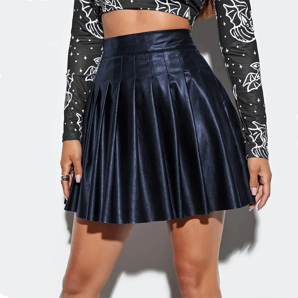 Women's Faux Leather Black Mini Skirt Classic High Waisted Skirt Pleated Skirt Pu Black Leather Skirt
