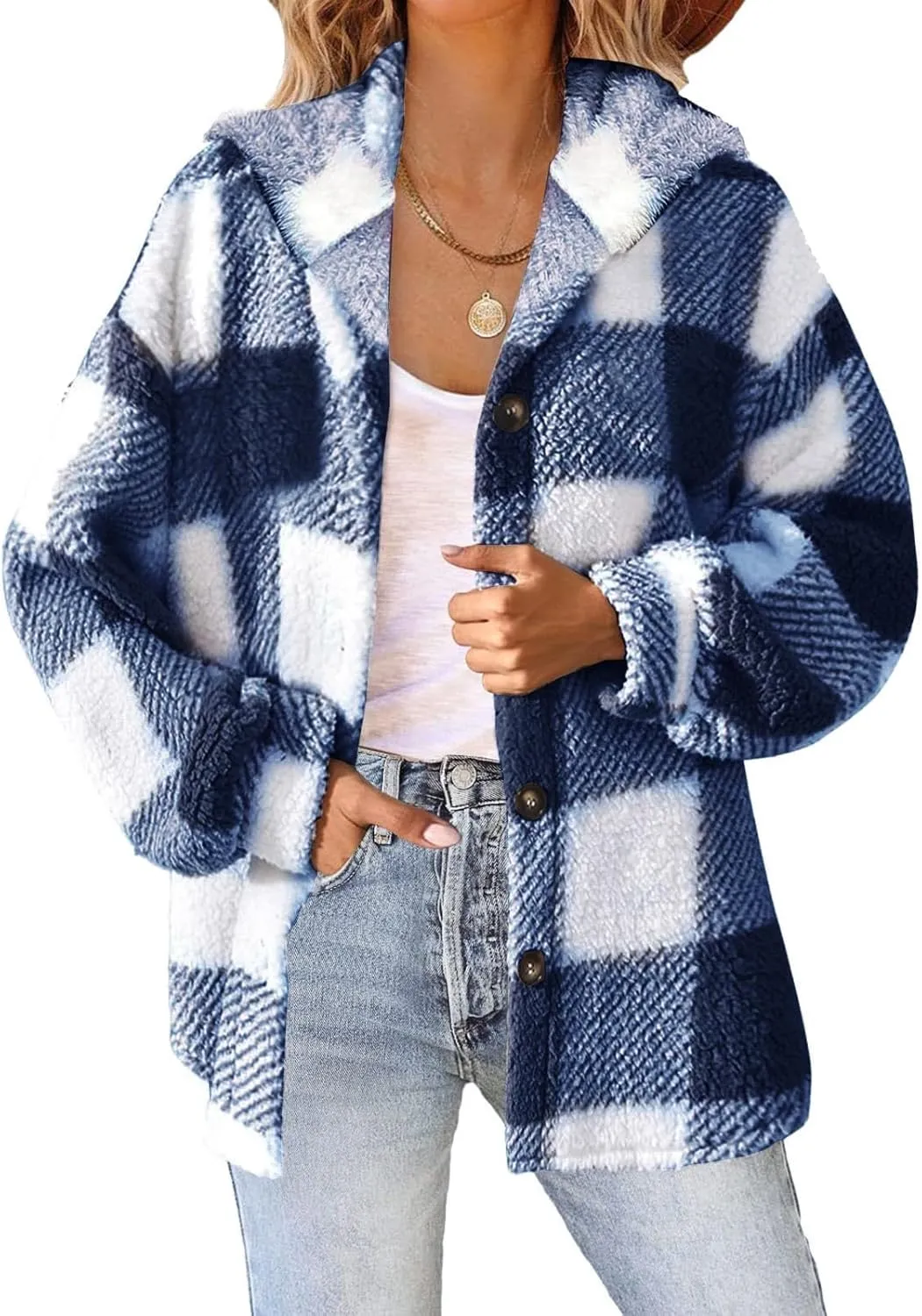 Womens Flannel Shacket Jacket Hooded Jackets Up Button Cardigan Trendy Plaid Fuzzy Outerwear Womens Long Flannel