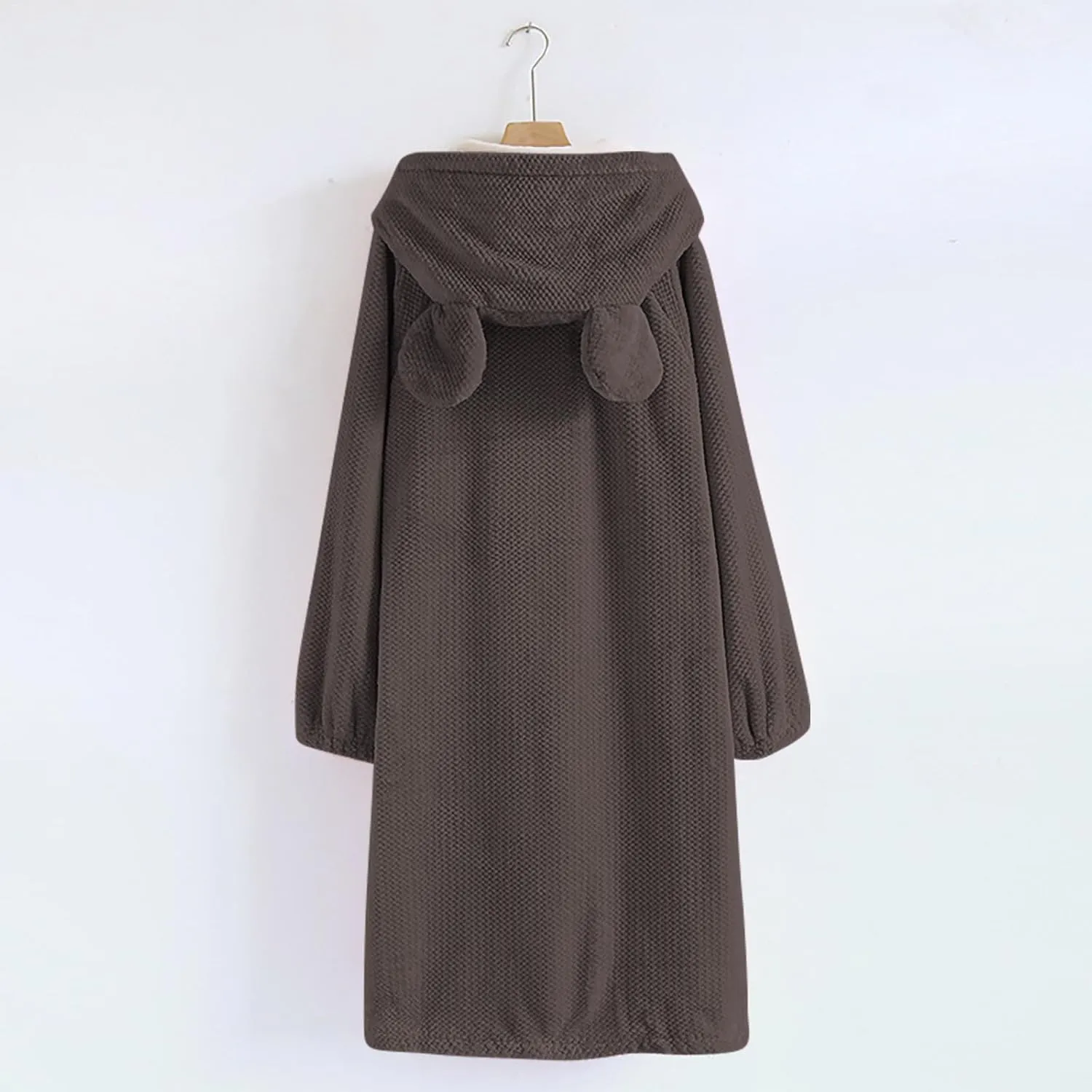 Women's Fleece Bathrobe with Bear Ears Button Down Long Sleeve Plush Housecoat with Pockets Soft Long Robes for Women