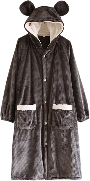 Women's Fleece Bathrobe with Bear Ears Button Down Long Sleeve Plush Housecoat with Pockets Soft Long Robes for Women