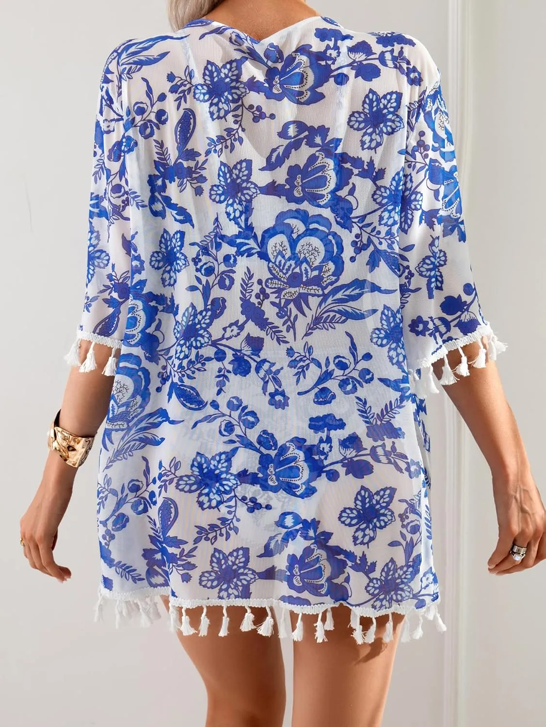 Women's Floral Print 3 Piece Bikini Set Halter High Waisted Bathing Suit Swimwear with Tassel Kimono Cover Up