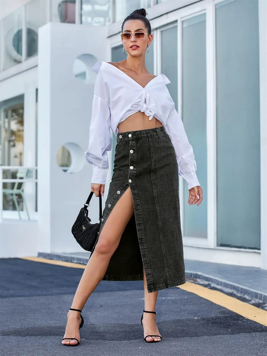 Womens Front Slit Jean Skirt, Summer Button Up High Waisted Sexy Edging Irregular Slit Pencil Versatile A-Line Skirt