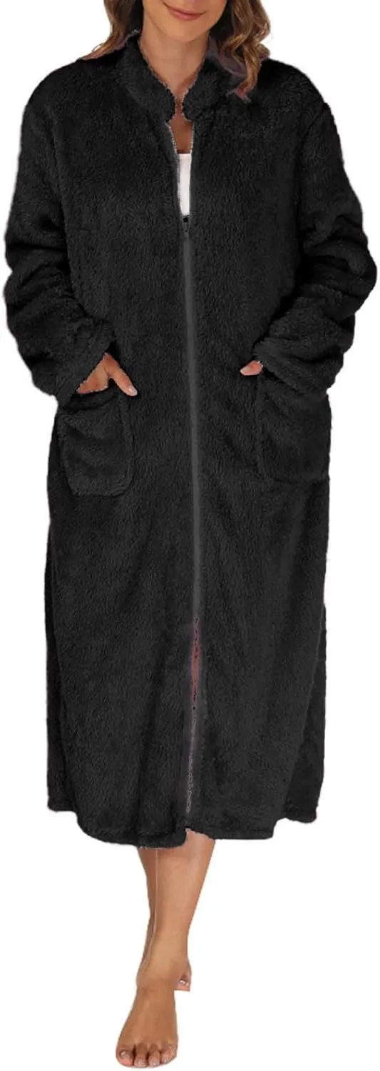Womens Fuzzy Robe Mid Length Bathrobe Zip Up Soft Bath Robes Plush Loungewear with Pockets Winter Shower Spa Robes