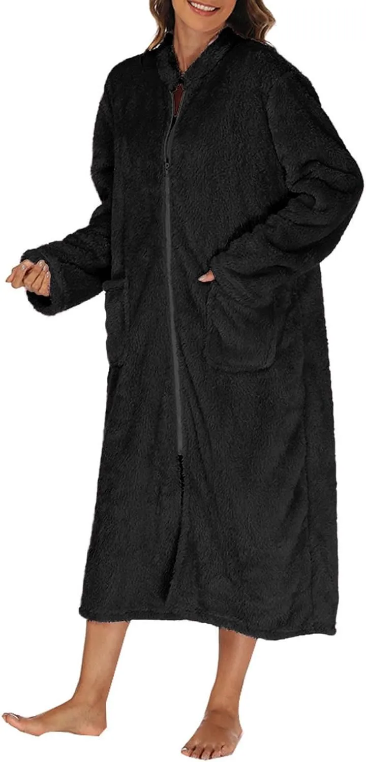 Womens Fuzzy Robe Mid Length Bathrobe Zip Up Soft Bath Robes Plush Loungewear with Pockets Winter Shower Spa Robes
