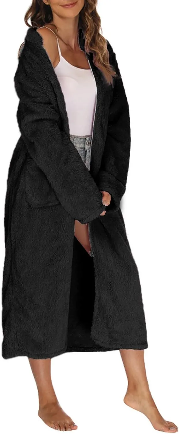 Womens Fuzzy Robe Mid Length Bathrobe Zip Up Soft Bath Robes Plush Loungewear with Pockets Winter Shower Spa Robes