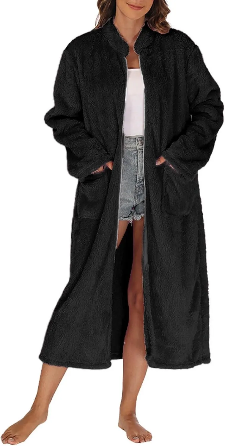 Womens Fuzzy Robe Mid Length Bathrobe Zip Up Soft Bath Robes Plush Loungewear with Pockets Winter Shower Spa Robes