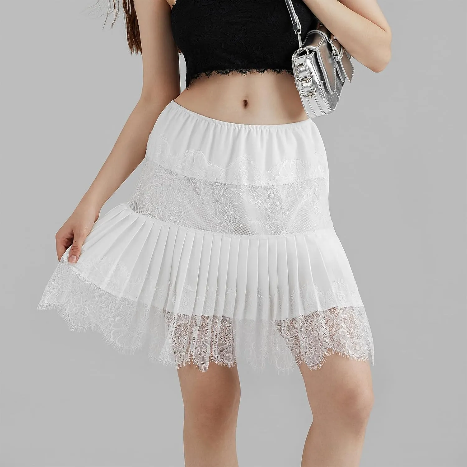 Women's Half Slip Skirt Lace Floral Embroidered Pleated Trim Y2k Mini Skirt Slip Trendy Streetwear Outfit