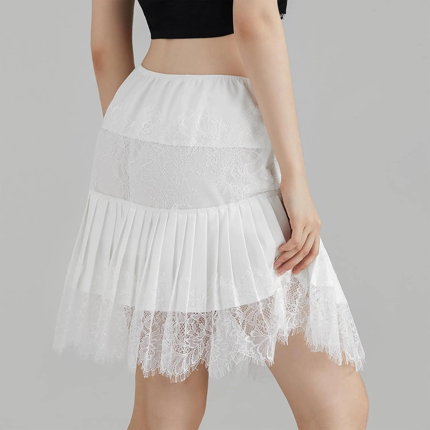 Women's Half Slip Skirt Lace Floral Embroidered Pleated Trim Y2k Mini Skirt Slip Trendy Streetwear Outfit