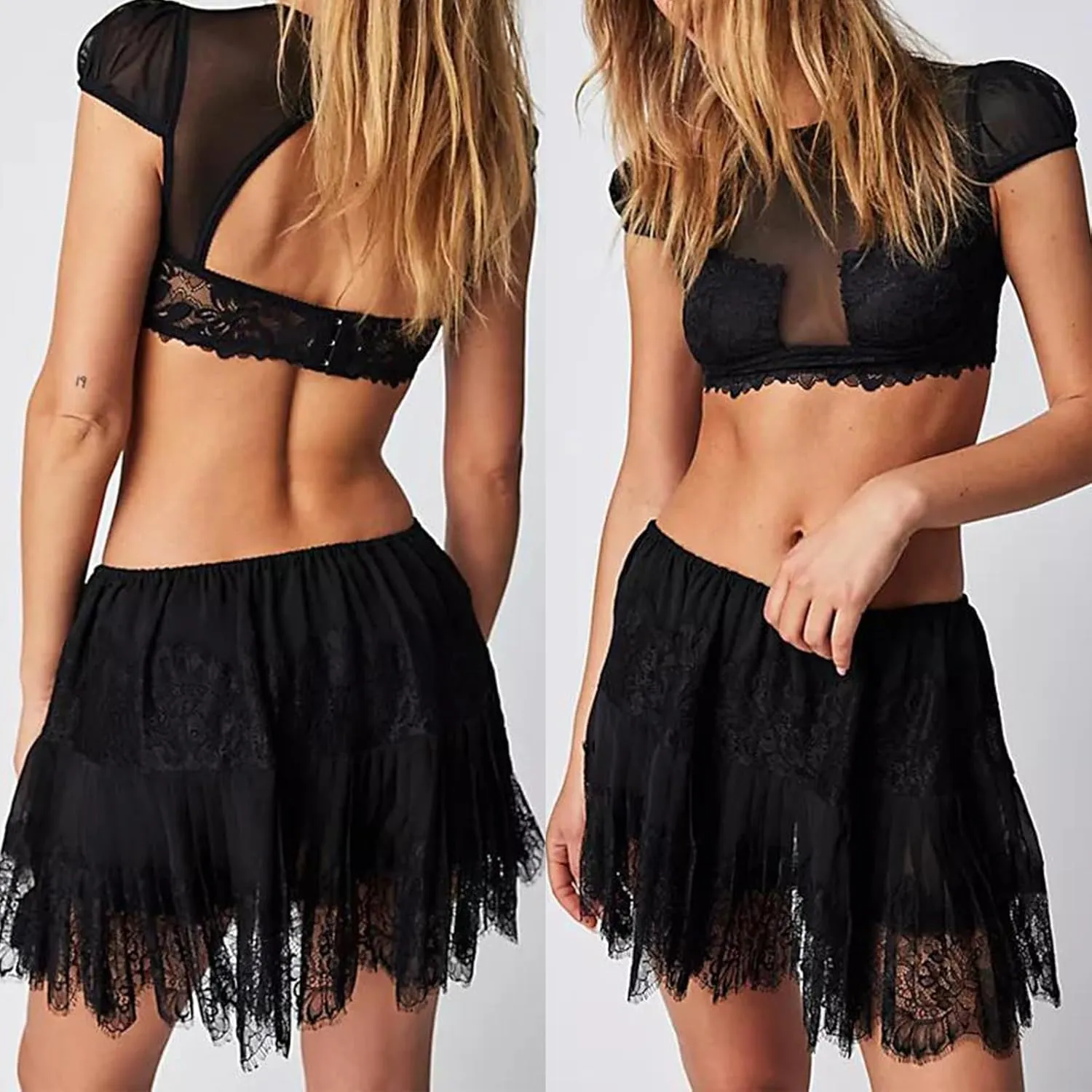 Women's Half Slip Skirt Lace Floral Embroidered Pleated Trim Y2k Mini Skirt Slip Trendy Streetwear Outfit