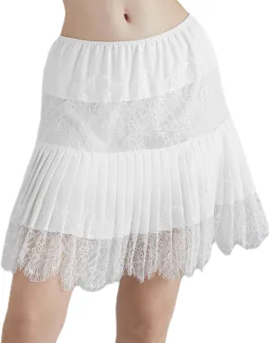 Women's Half Slip Skirt Lace Floral Embroidered Pleated Trim Y2k Mini Skirt Slip Trendy Streetwear Outfit