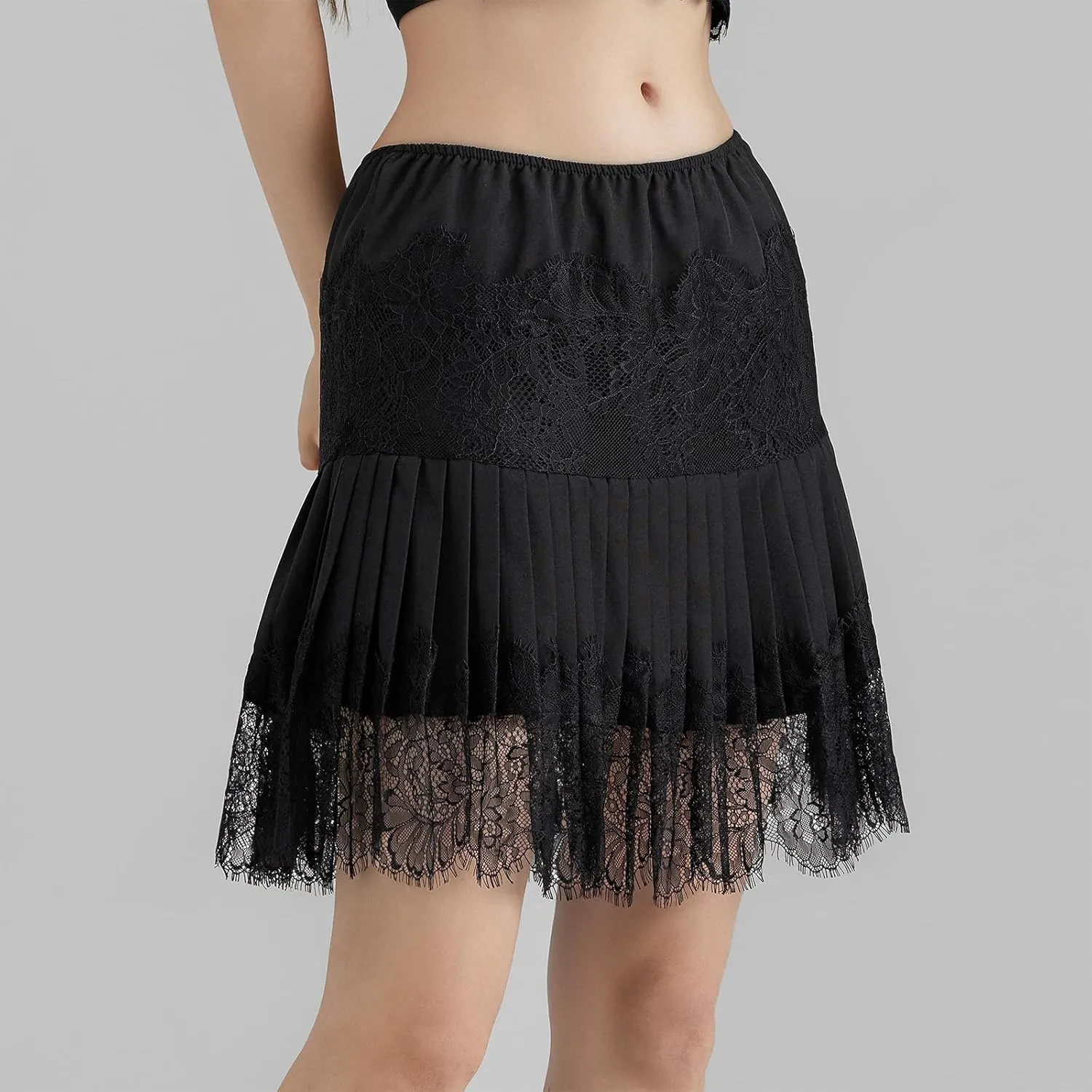 Women's Half Slip Skirt Lace Floral Embroidered Pleated Trim Y2k Mini Skirt Slip Trendy Streetwear Outfit