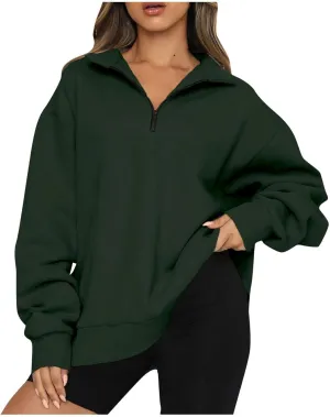 Womens Half Zip Sweatshirt Oversized Long Sleeve Collar Drop Shoulder 1/4 Zipper Pullover Jacket Teen Girls Fall Y2K Clothes