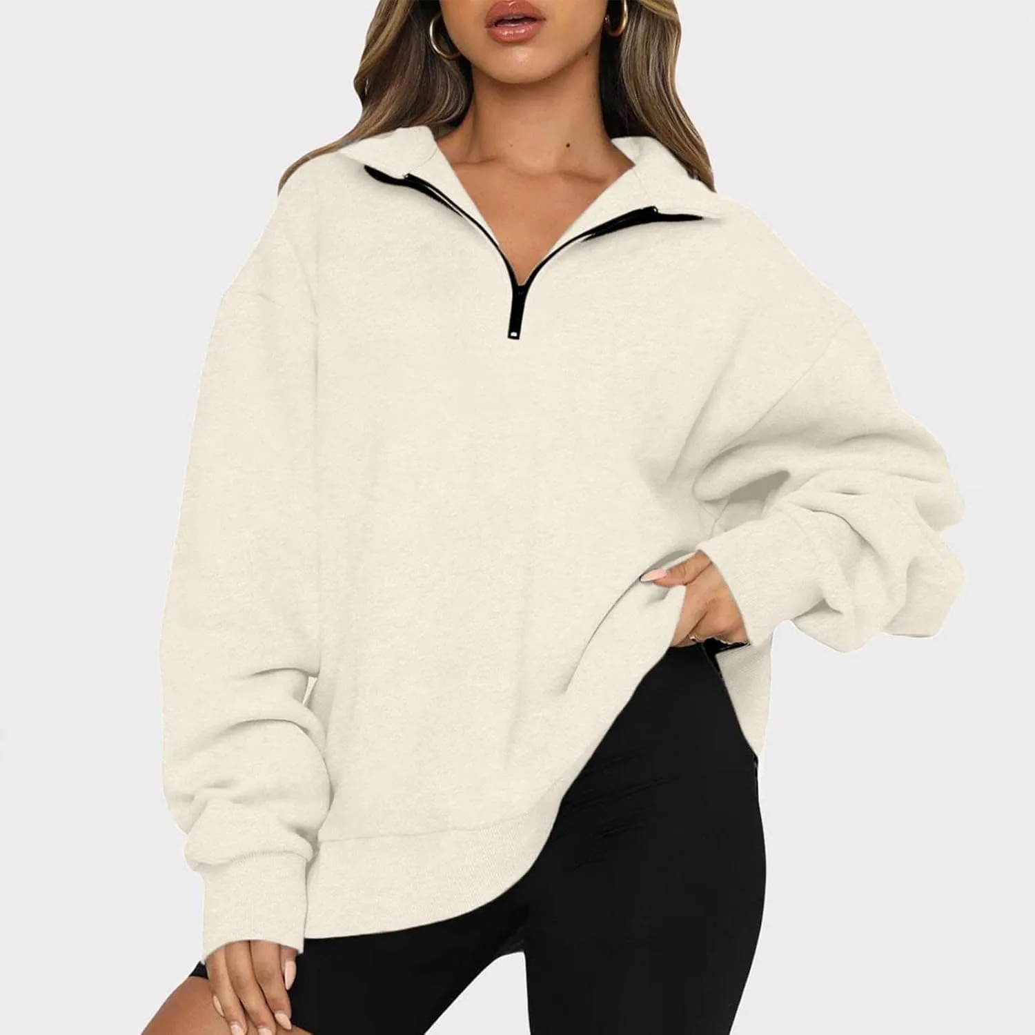 Womens Half Zip Sweatshirt Oversized Long Sleeve Collar Drop Shoulder 1/4 Zipper Pullover Jacket Teen Girls Fall Y2K Clothes