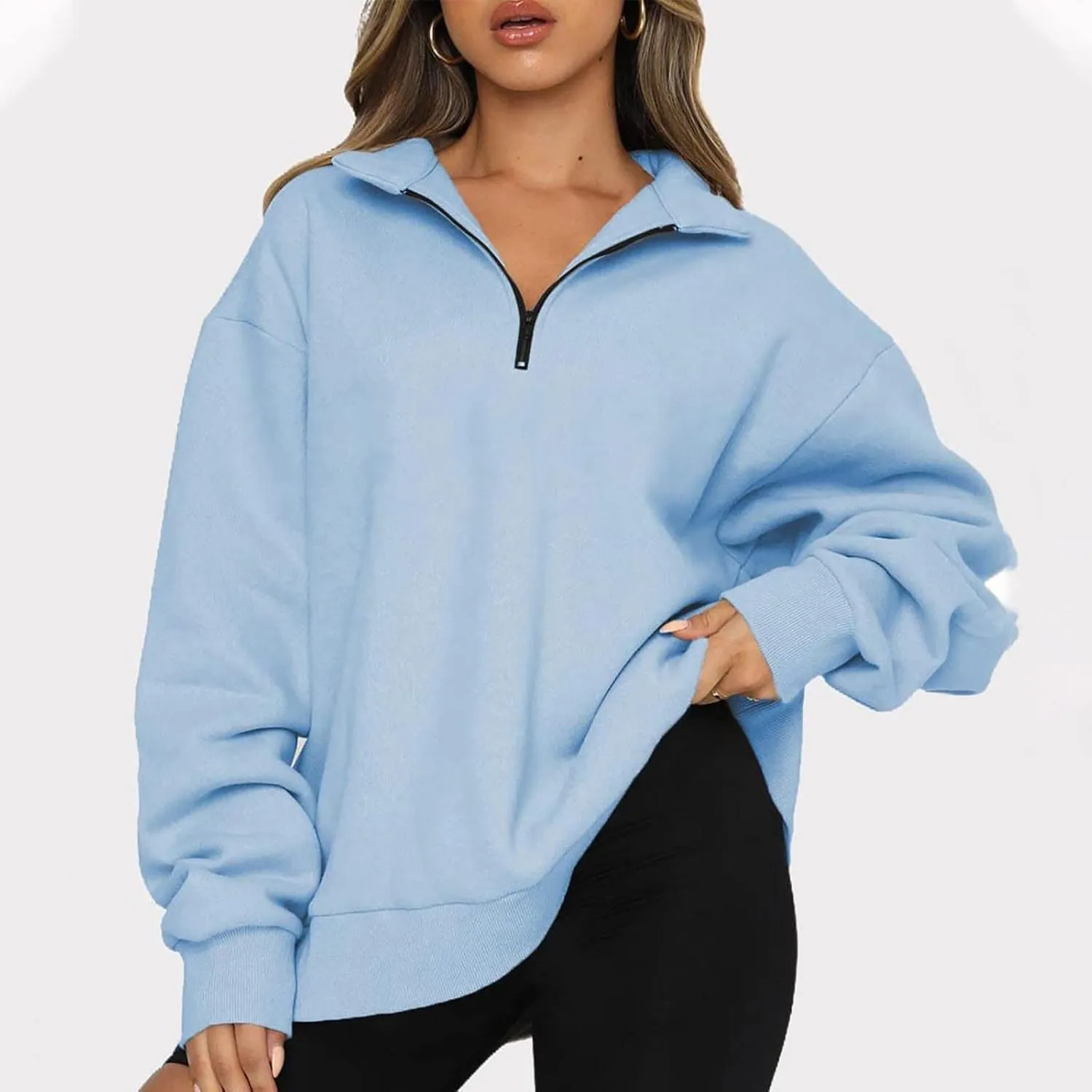 Womens Half Zip Sweatshirt Oversized Long Sleeve Collar Drop Shoulder 1/4 Zipper Pullover Jacket Teen Girls Fall Y2K Clothes