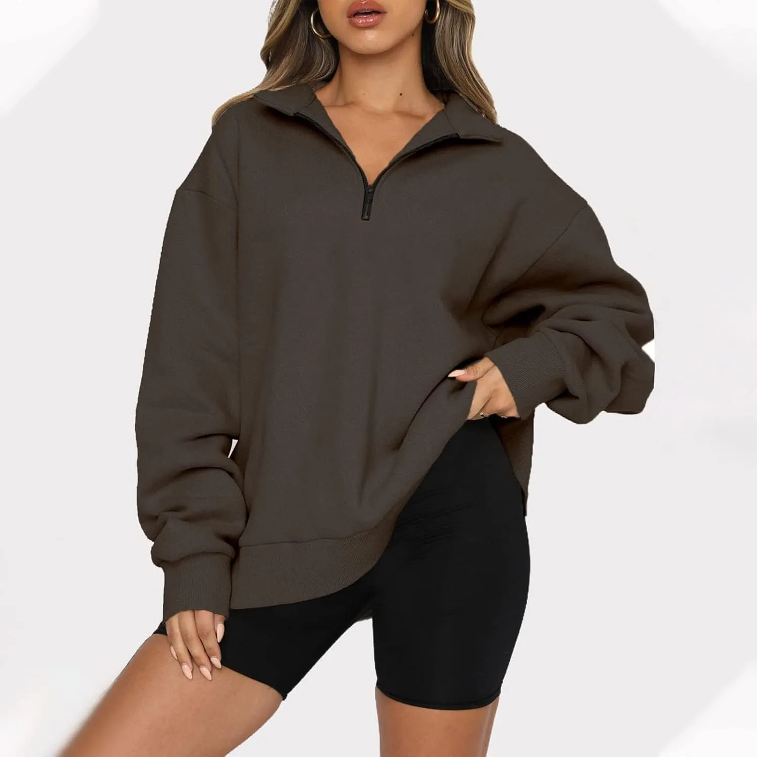 Womens Half Zip Sweatshirt Oversized Long Sleeve Collar Drop Shoulder 1/4 Zipper Pullover Jacket Teen Girls Fall Y2K Clothes