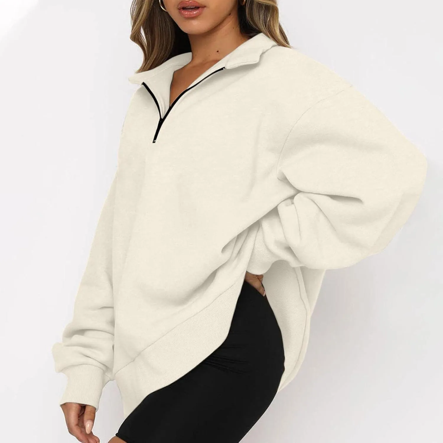 Womens Half Zip Sweatshirt Oversized Long Sleeve Collar Drop Shoulder 1/4 Zipper Pullover Jacket Teen Girls Fall Y2K Clothes