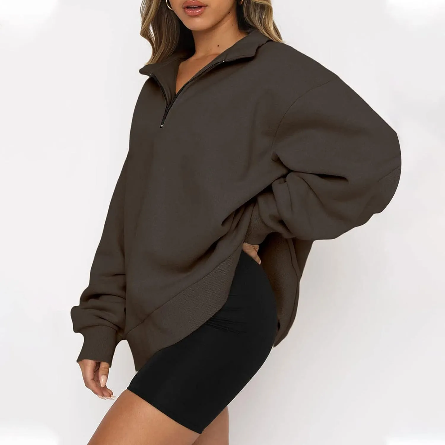 Womens Half Zip Sweatshirt Oversized Long Sleeve Collar Drop Shoulder 1/4 Zipper Pullover Jacket Teen Girls Fall Y2K Clothes