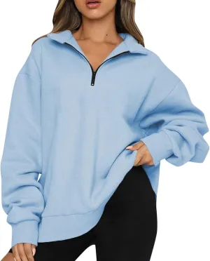 Womens Half Zip Sweatshirt Oversized Long Sleeve Collar Drop Shoulder 1/4 Zipper Pullover Jacket Teen Girls Fall Y2K Clothes