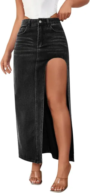 Women's High Waist Maxi Denim Skirt Sexy Side Split Bodycon Pencil Skirts Casual Long Jean Skirt with Pockets