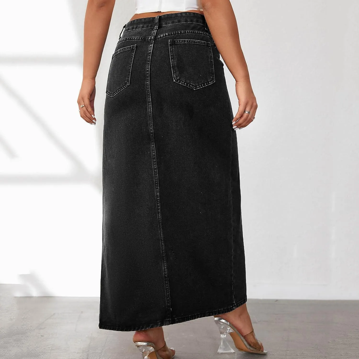 Women's High Waist Maxi Denim Skirt Sexy Side Split Bodycon Pencil Skirts Casual Long Jean Skirt with Pockets