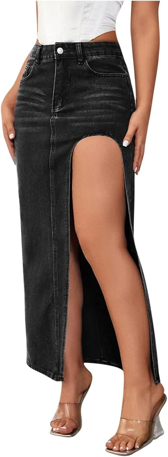 Women's High Waist Maxi Denim Skirt Sexy Side Split Bodycon Pencil Skirts Casual Long Jean Skirt with Pockets