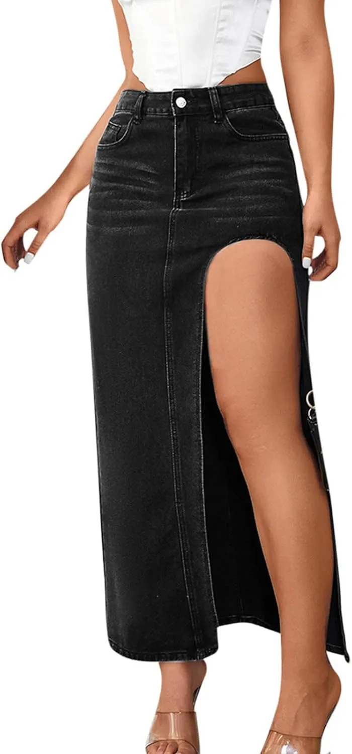 Women's High Waist Maxi Denim Skirt Sexy Side Split Bodycon Pencil Skirts Casual Long Jean Skirt with Pockets