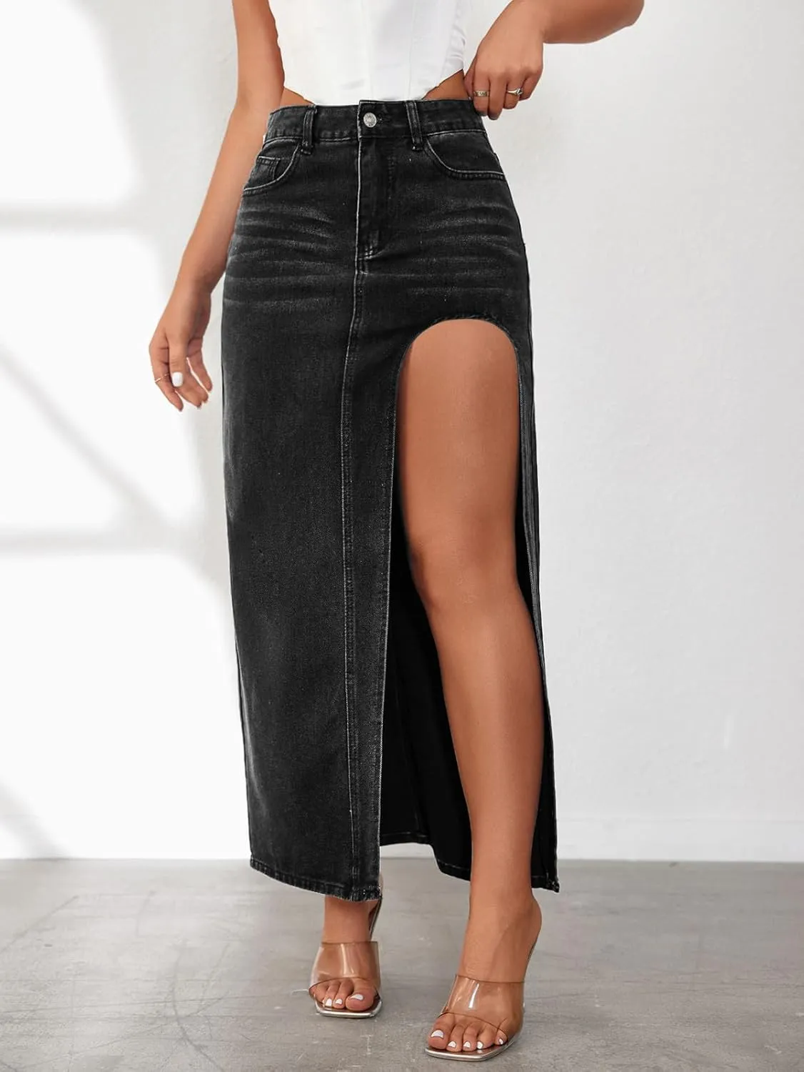 Women's High Waist Maxi Denim Skirt Sexy Side Split Bodycon Pencil Skirts Casual Long Jean Skirt with Pockets