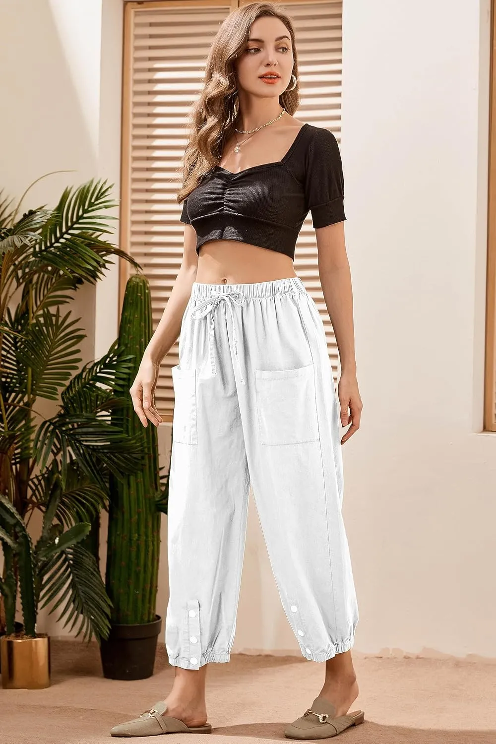 Women's High Waist Style Loose Pants Drawstring Capri Pants with Pockets Wide Leg Ankle Cropped Pants for Women