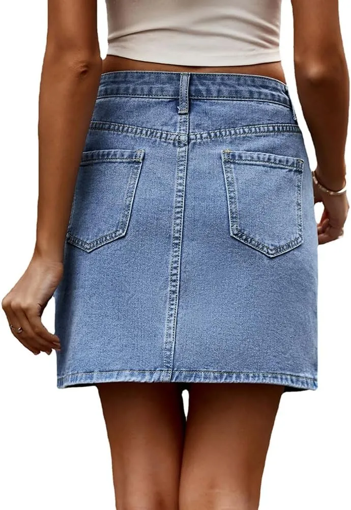 Women's High Waisted Asymmetrical Denim Skirt Solid Color Slim Fit Versatile Mini Skirt