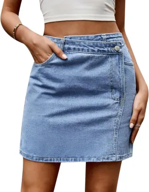 Women's High Waisted Asymmetrical Denim Skirt Solid Color Slim Fit Versatile Mini Skirt