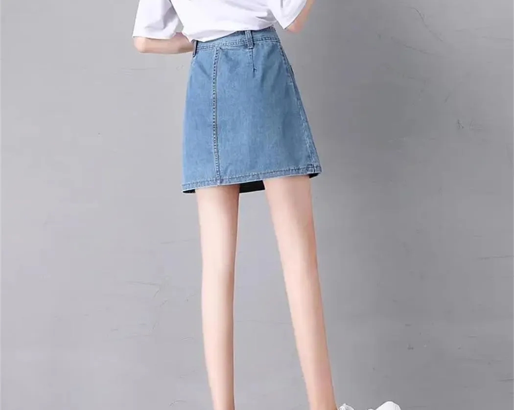 Women's High Waisted Button Front Denim Skort Korean Style Midi A Line Denim Skirt