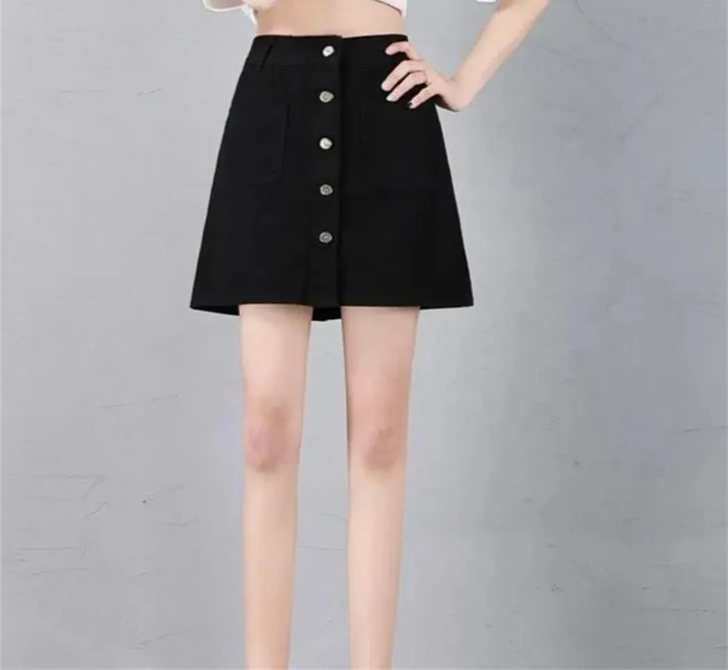 Women's High Waisted Button Front Denim Skort Korean Style Midi A Line Denim Skirt
