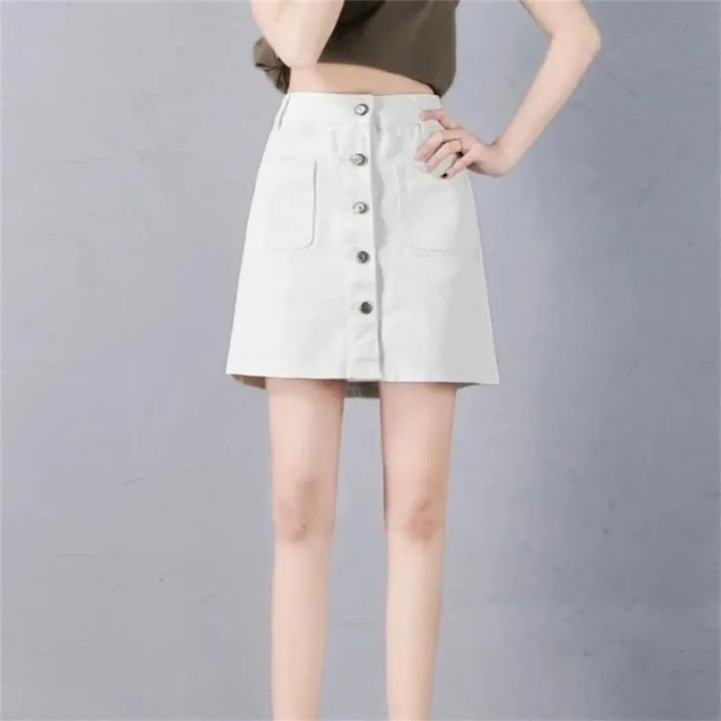 Women's High Waisted Button Front Denim Skort Korean Style Midi A Line Denim Skirt