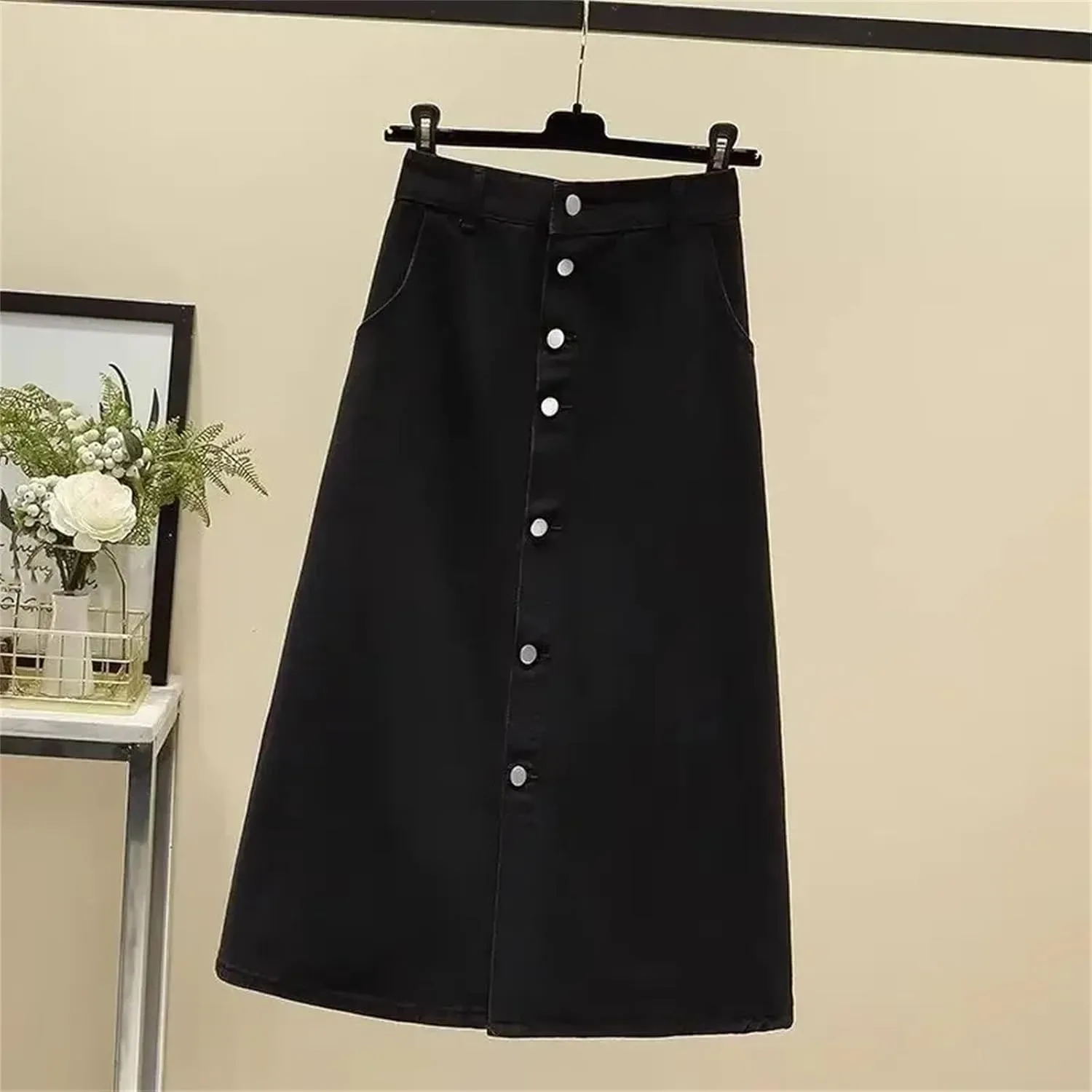 Women's High-Waisted Button-Up Denim Skirt  Versatile Medium-Length Button-Down Jean Dress Maxi Skirt