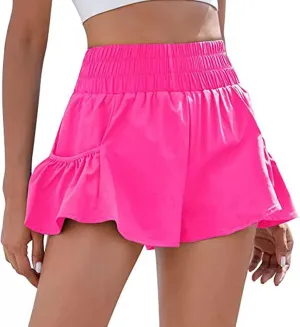 Womens High Waisted Gym Shorts Quick Dry Elastic Waist Running Workout Athletic Shorts Trendy Flowy Pockets Shorts
