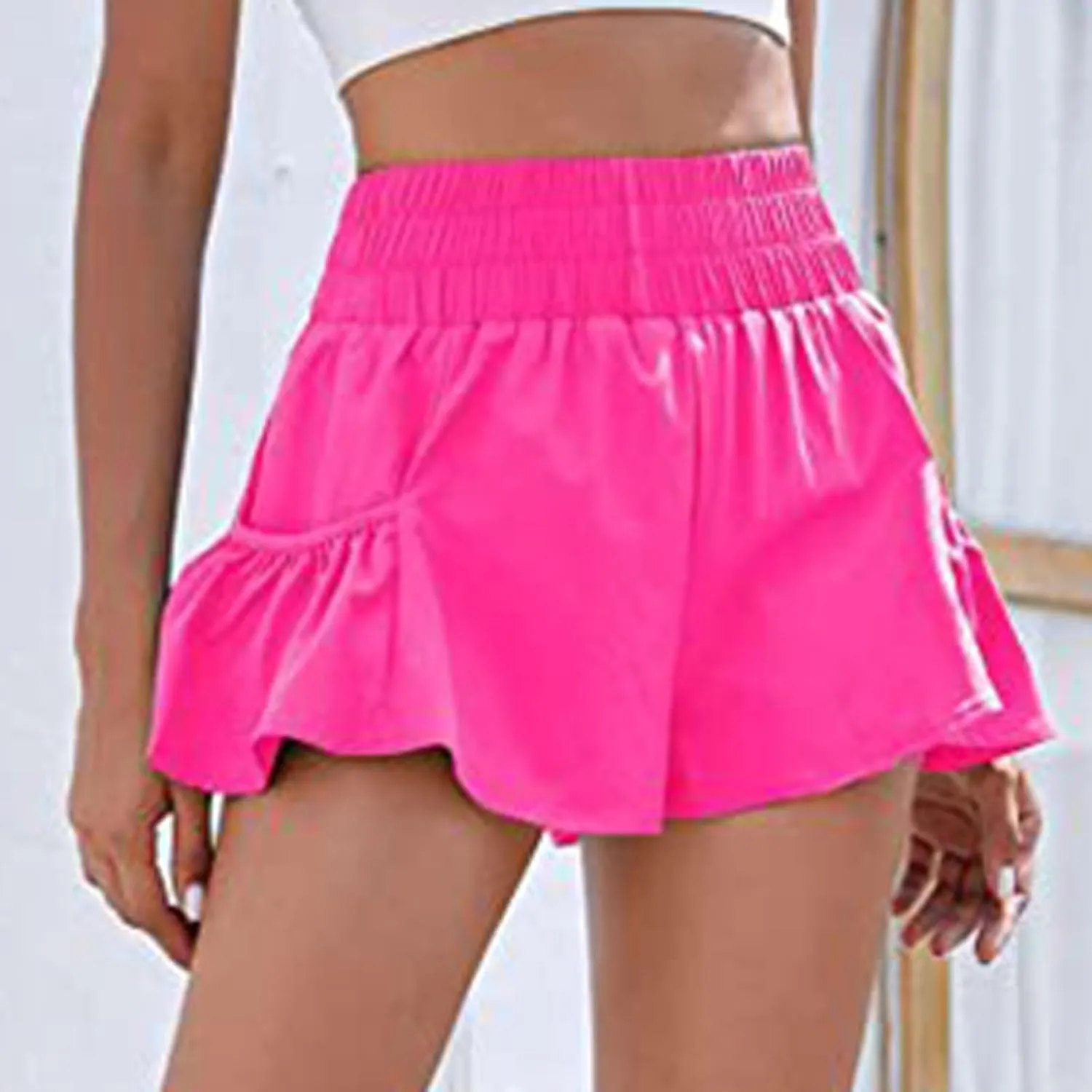Womens High Waisted Gym Shorts Quick Dry Elastic Waist Running Workout Athletic Shorts Trendy Flowy Pockets Shorts