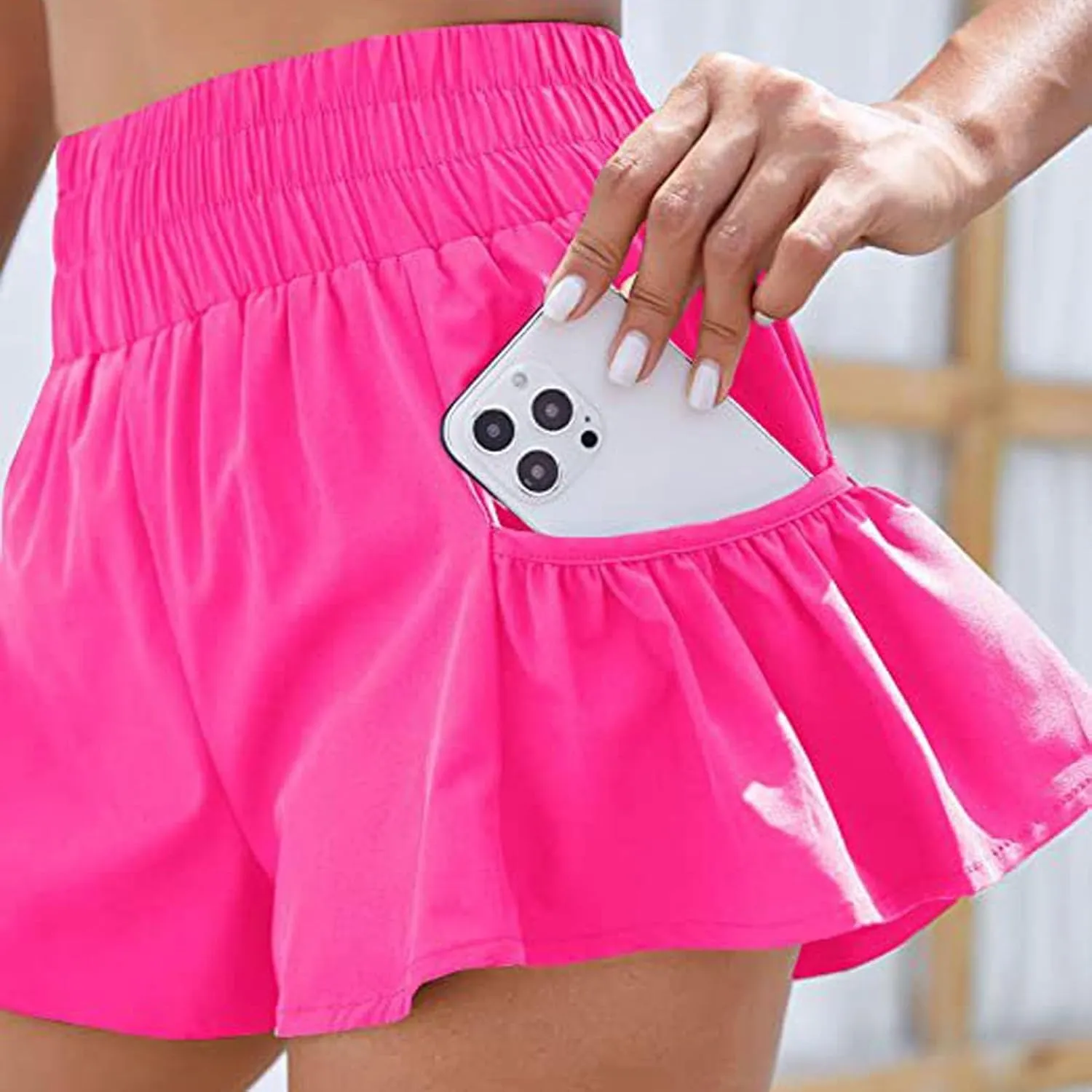Womens High Waisted Gym Shorts Quick Dry Elastic Waist Running Workout Athletic Shorts Trendy Flowy Pockets Shorts