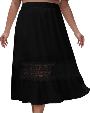 Women's Hollow Out Floral Embroidery Elastic High Waisted Skirt Casual Loose Comfy A-Line Pleated Midi Long Skirts