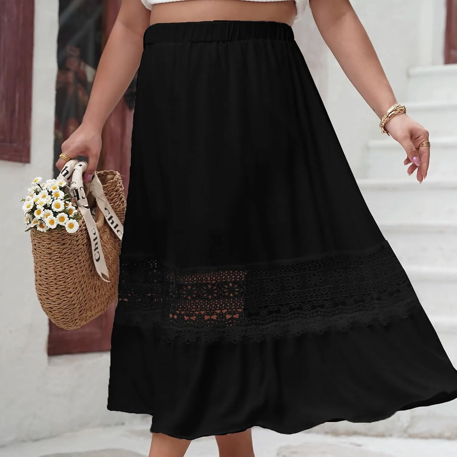 Women's Hollow Out Floral Embroidery Elastic High Waisted Skirt Casual Loose Comfy A-Line Pleated Midi Long Skirts