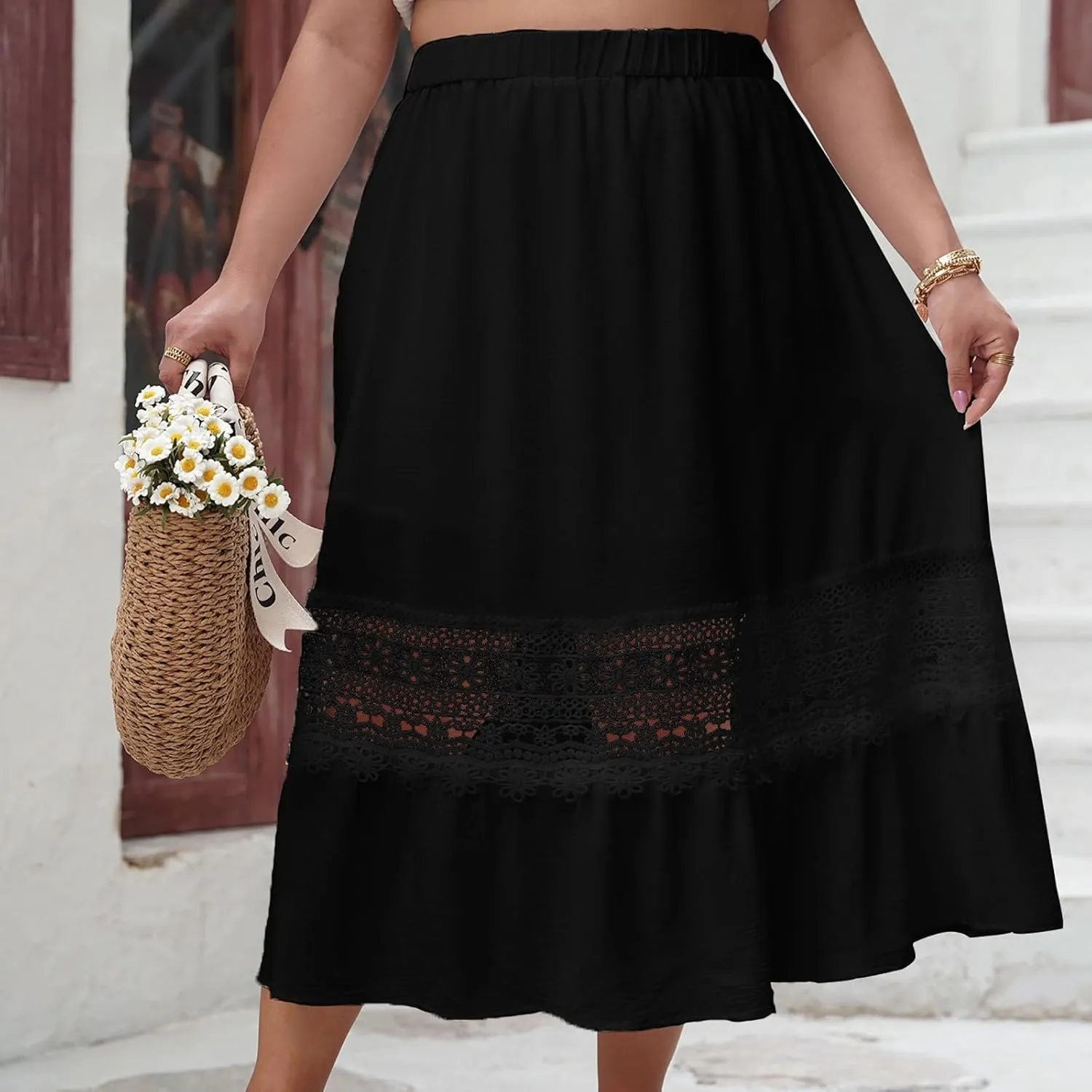 Women's Hollow Out Floral Embroidery Elastic High Waisted Skirt Casual Loose Comfy A-Line Pleated Midi Long Skirts