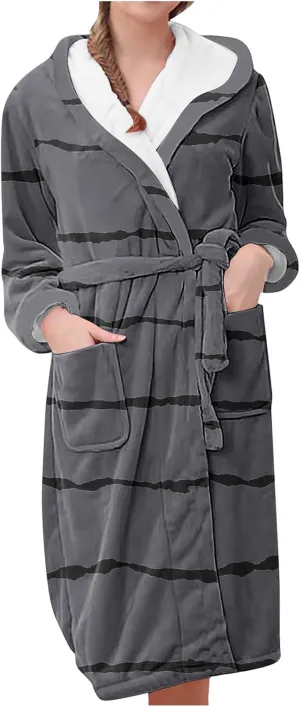 Womens Hooded Fleece Robe, Striped Long Plush Lounge Bathrobe with Pockets, Warm Fluffy Fuzzy Shower Spa Bathrobe