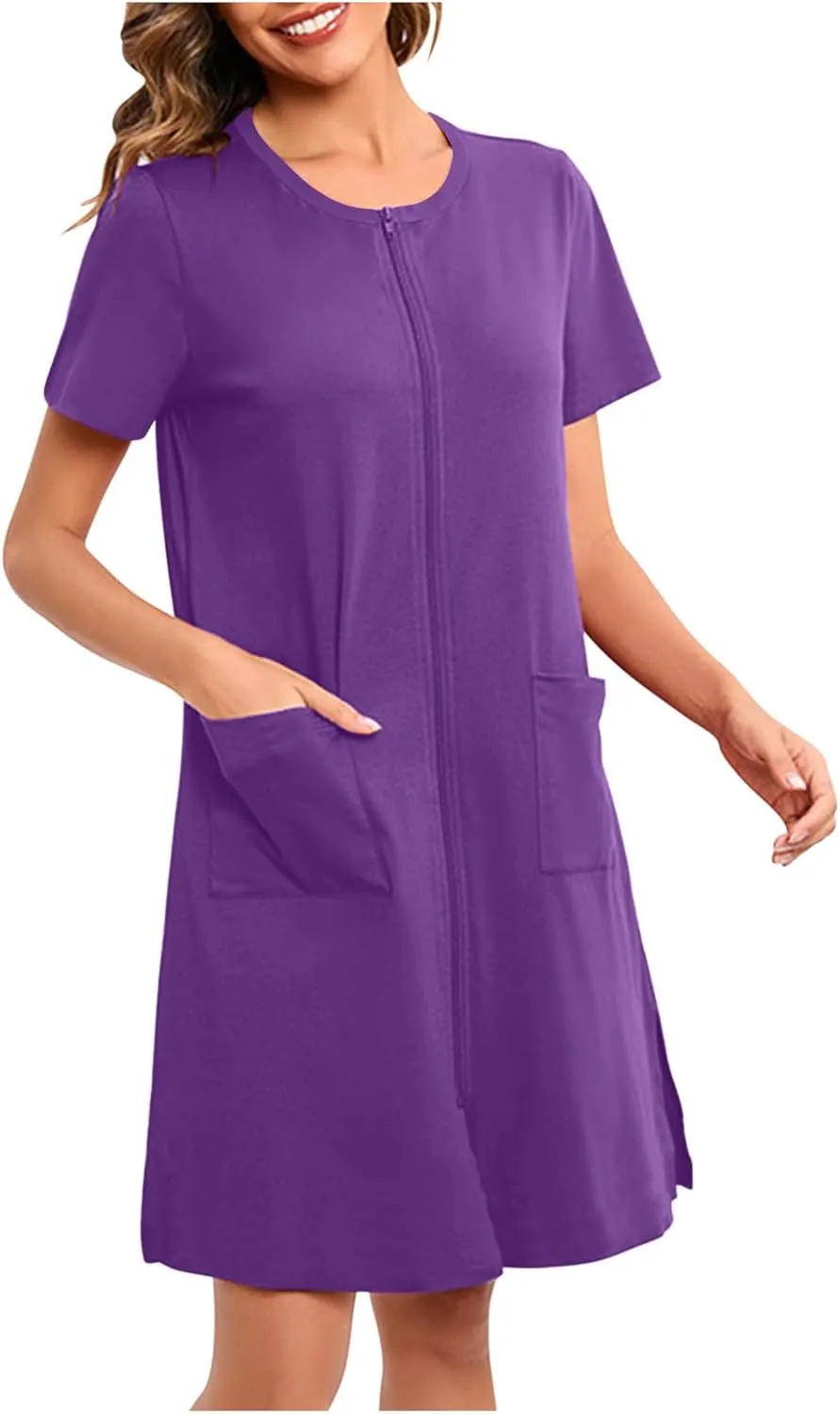 Womens Housecoat Zip Up Robes Short Sleeve Pajamas Dress Comfy Loose Nightdress with Pockets Casual Nightgowns