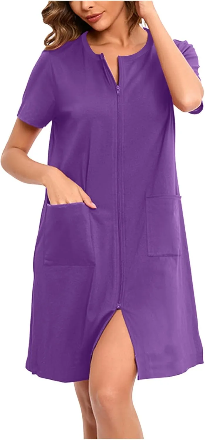 Womens Housecoat Zip Up Robes Short Sleeve Pajamas Dress Comfy Loose Nightdress with Pockets Casual Nightgowns