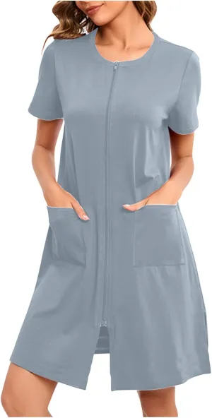 Womens Housecoat Zip Up Robes Short Sleeve Pajamas Dress Comfy Loose Nightdress with Pockets Casual Nightgowns