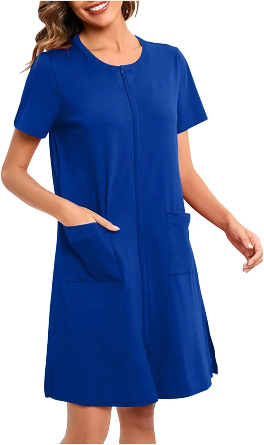 Womens Housecoat Zip Up Robes Short Sleeve Pajamas Dress Comfy Loose Nightdress with Pockets Casual Nightgowns