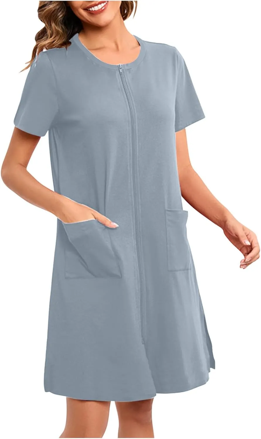 Womens Housecoat Zip Up Robes Short Sleeve Pajamas Dress Comfy Loose Nightdress with Pockets Casual Nightgowns