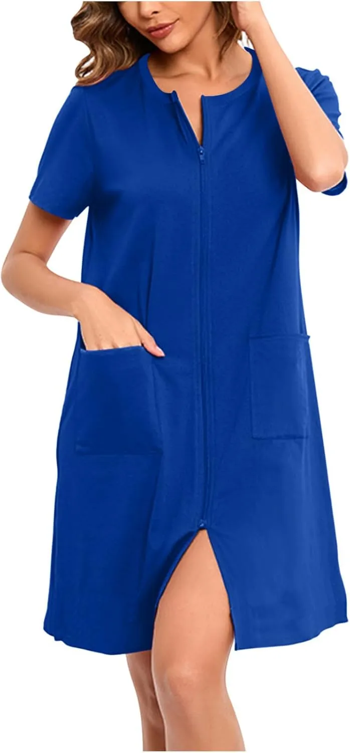 Womens Housecoat Zip Up Robes Short Sleeve Pajamas Dress Comfy Loose Nightdress with Pockets Casual Nightgowns