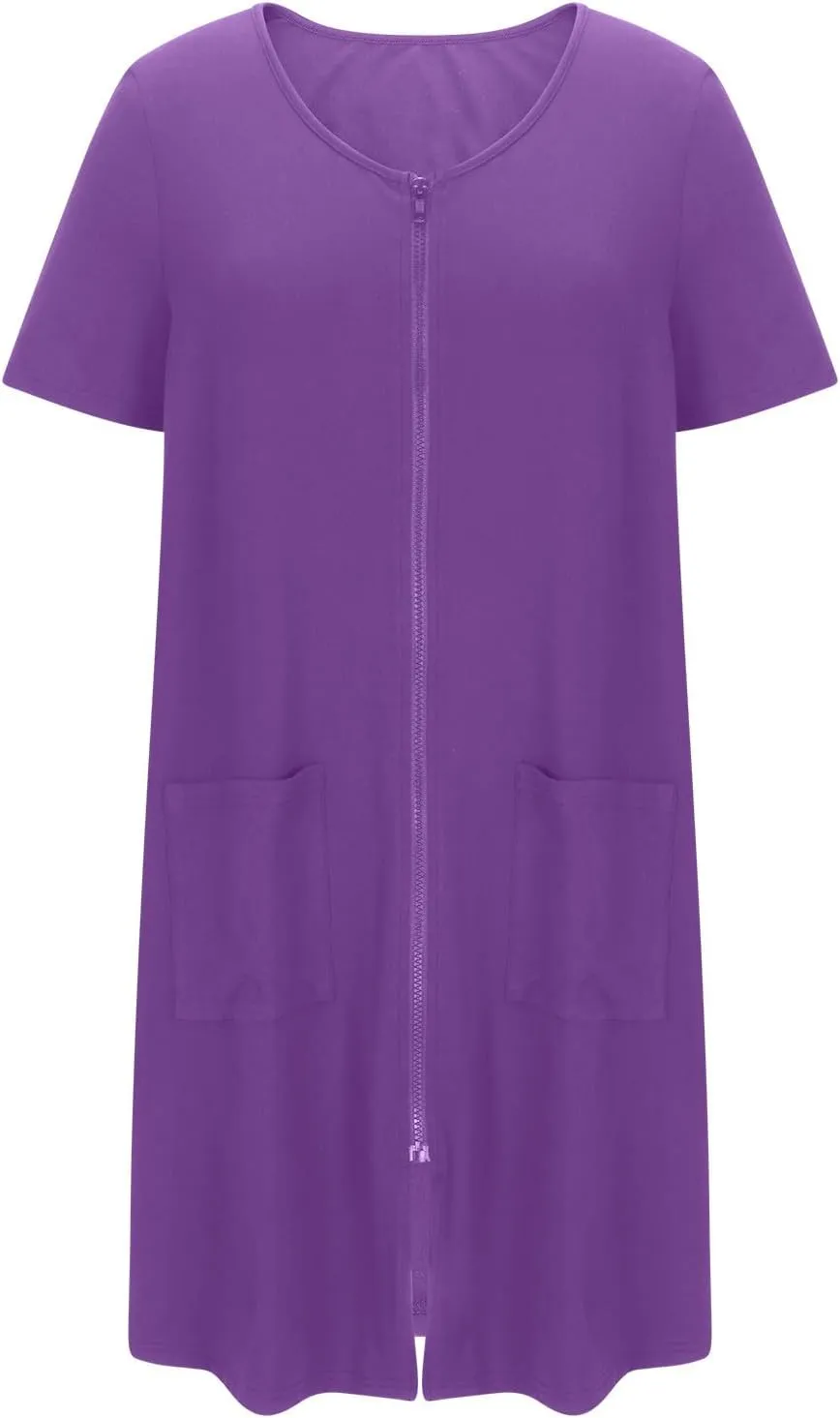 Womens Housecoat Zip Up Robes Short Sleeve Pajamas Dress Comfy Loose Nightdress with Pockets Casual Nightgowns